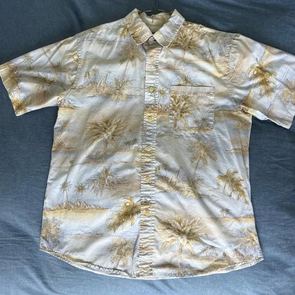 Tropical / Hawaiian David Taylor Cream and Gold Palm Print Shirt - Picture 5 of 5